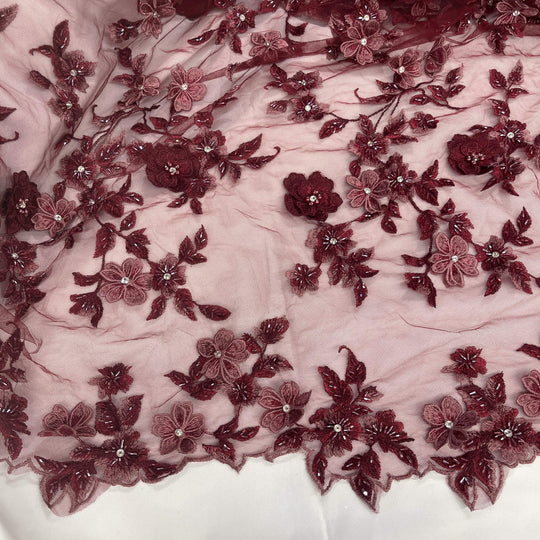 Section view of Lace USA GD-1613 3D wine floral lace with bead and rhinestone embellishments, featuring scalloped edging—ideal for gowns.
