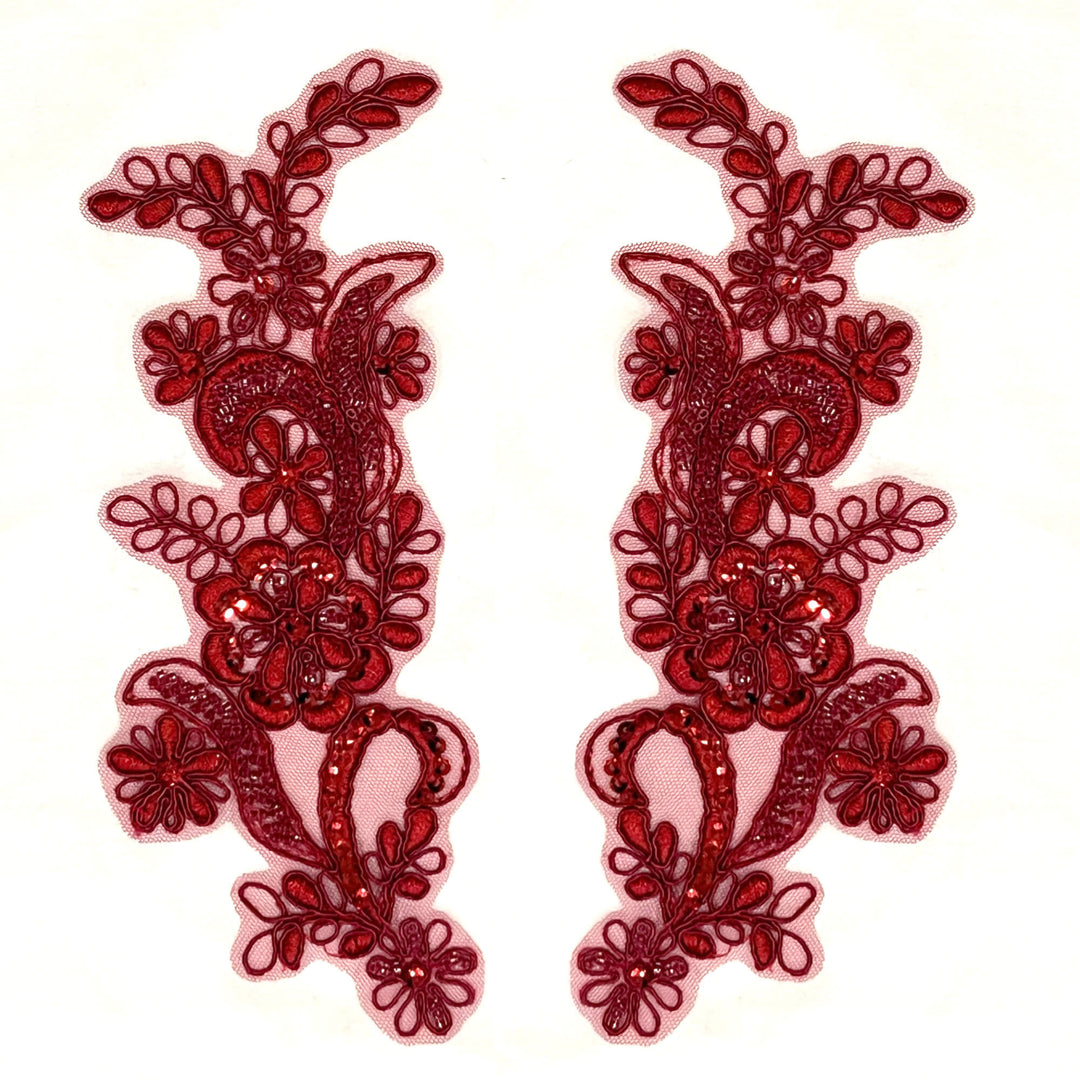 Wine Color Beaded & Corded Floral Lace Applique Embroidered on 100% Polyester | Lace USA - KZ-67HB