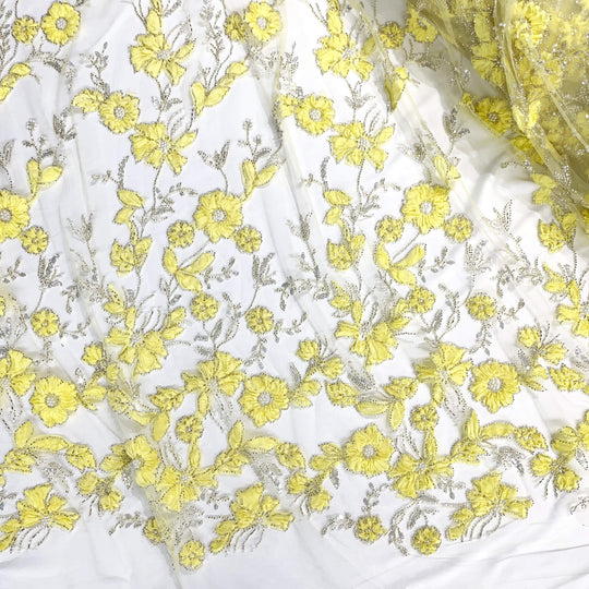 Beaded 3D Floral Lace Fabric Embroidered on 100% Polyester Net Mesh | Lace USA - GD-10143