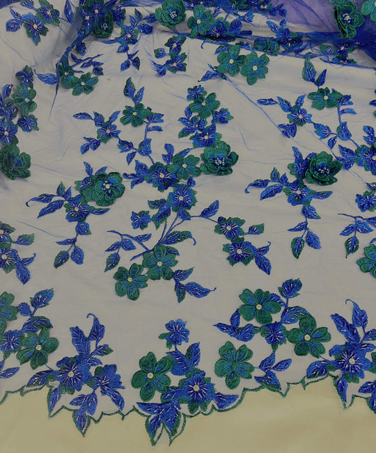 Blue Green  Beaded 3D Floral Lace-Fabric Embroidered on net mesh by LaceUSA  item GD1613 
