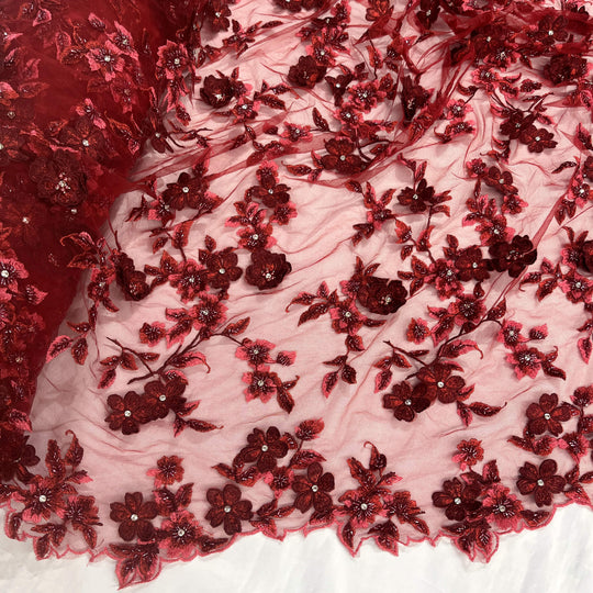 section view of Lace USA GD-1613 3D floral lace in Dark Red, embellished with beads and rhinestones- featuring the edging—ideal for gowns and formalwear