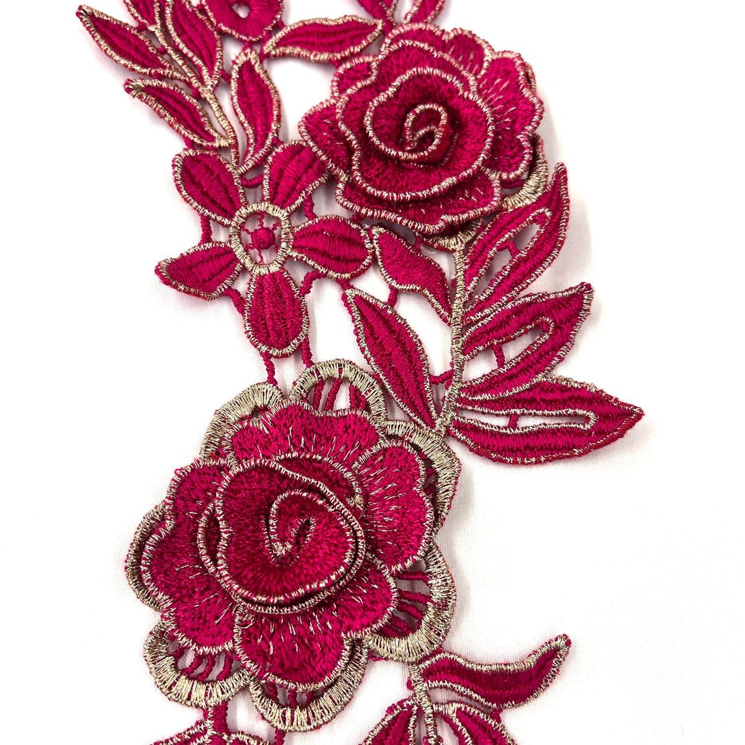 Closeup of red 3D Floral Lace Applique Embelished with Gold threading| Lace USA - 55305