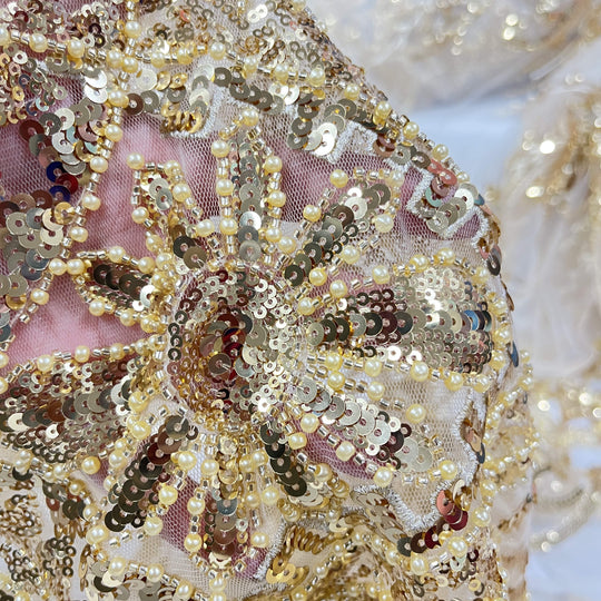 Beaded Lace Fabric Embroidered on 100% Polyester Net Mesh | Lace USA - GD-210906