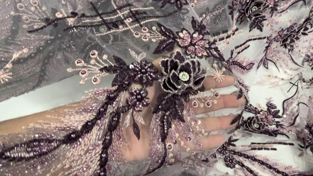 Beaded & Rhinestone 3D Floral Lace Fabric Embroidered on 100% Polyester Net Mesh | Lace USA - GD-2266