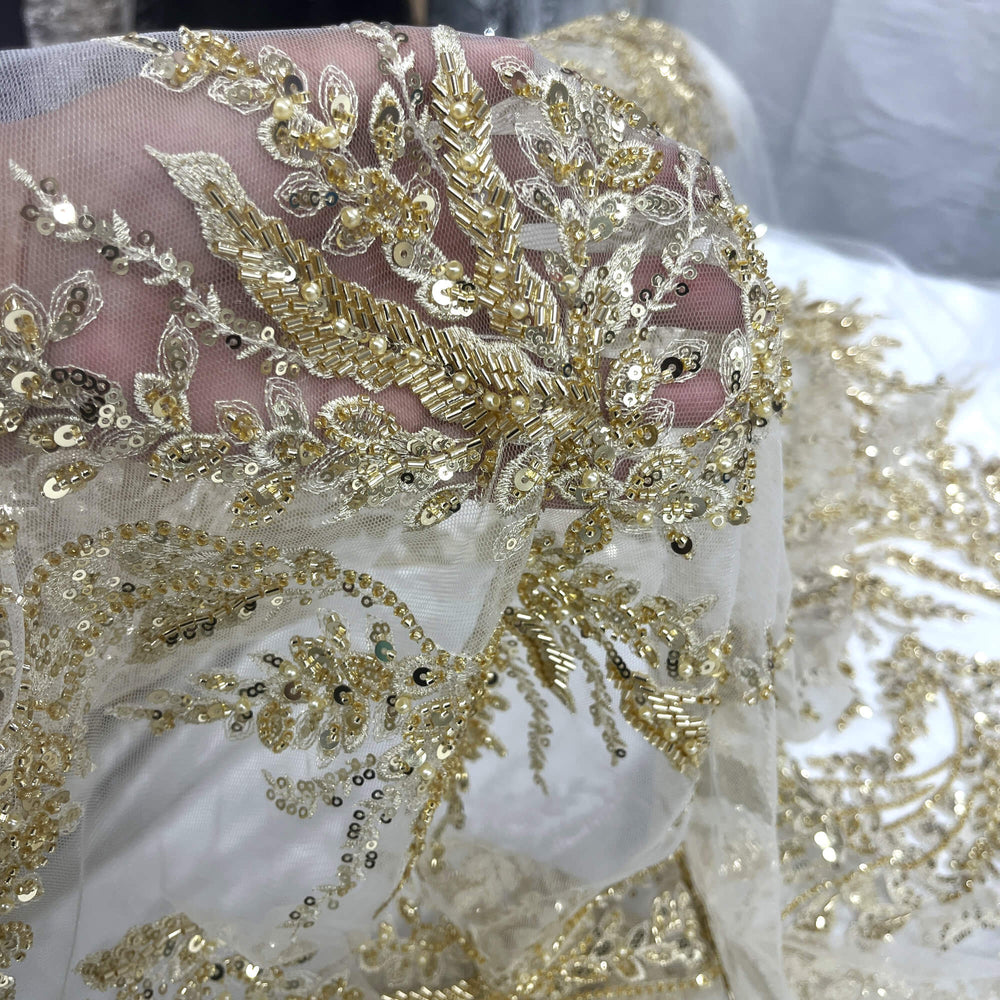 Closeup of Gold lace with beaded vines, sequins, and fine embroidery on sheer mesh – stunning for couture and evening wear - LaceUSA GD-12695