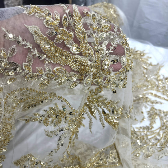 Closeup of Gold lace with beaded vines, sequins, and fine embroidery on sheer mesh – stunning for couture and evening wear - LaceUSA GD-12695