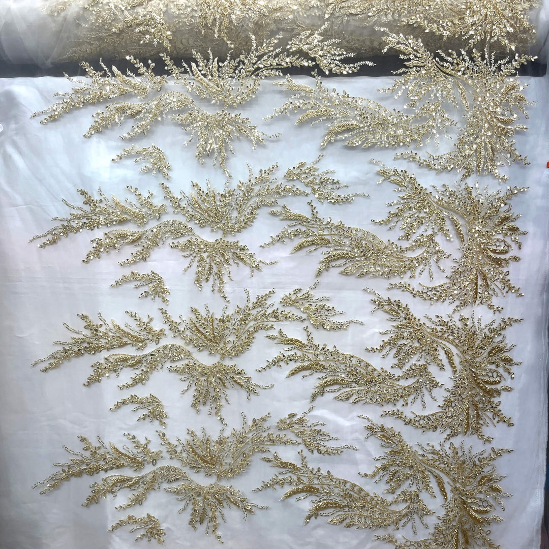 full view of Gold lace with beaded vines, sequins, and fine embroidery on sheer mesh – stunning for couture and evening wear - LaceUSA GD-12695