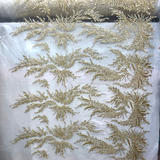 full view of Gold lace with beaded vines, sequins, and fine embroidery on sheer mesh – stunning for couture and evening wear - LaceUSA GD-12695