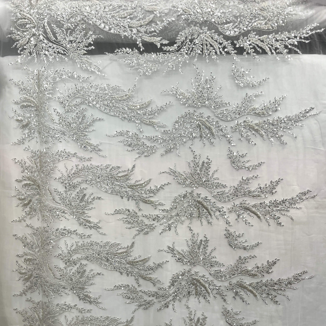 Full view of Silver beaded  and sequined vine lace on mesh  – great for gowns and costume design  - LaceUSA GD-12695