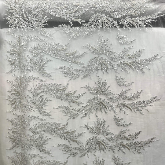 Full view of Silver beaded  and sequined vine lace on mesh  – great for gowns and costume design  - LaceUSA GD-12695