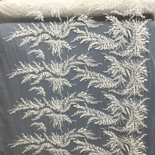 Full view of Beaded vine and leaf lace in white with sequins and bugle beads on mesh – perfect for bridal gowns and Dance Costumes - LaceUSA_GD12695