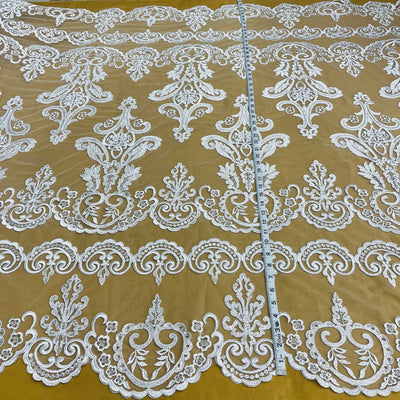Beaded & Corded Bridal Lace Fabric Embroidered on 100% Polyester Net Mesh | Lace USA - 97068W-SB White