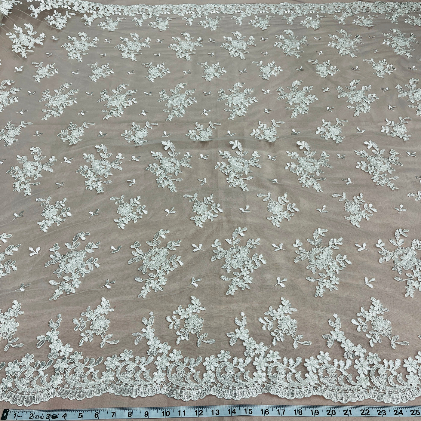 Beaded & Corded Bridal Lace Fabric Embroidered on 100% Polyester Net Mesh | Lace USA - 91436W-HB
