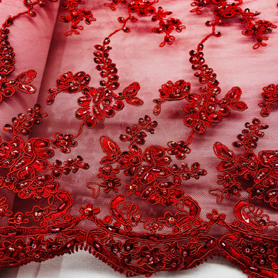 Beaded & Corded Lace Fabric Embroidered on 100% Polyester Net Mesh | Lace USA - GD-1819 Red