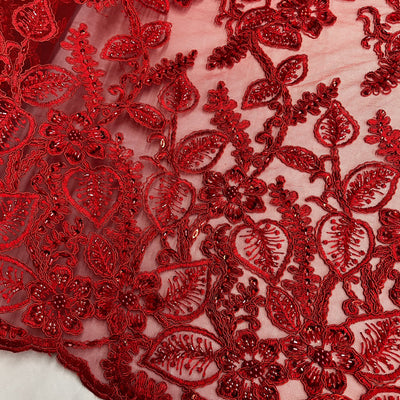 Beaded & Corded Lace Fabric Embroidered on 100% Polyester Net Mesh | Lace USA - GD-1823 Red