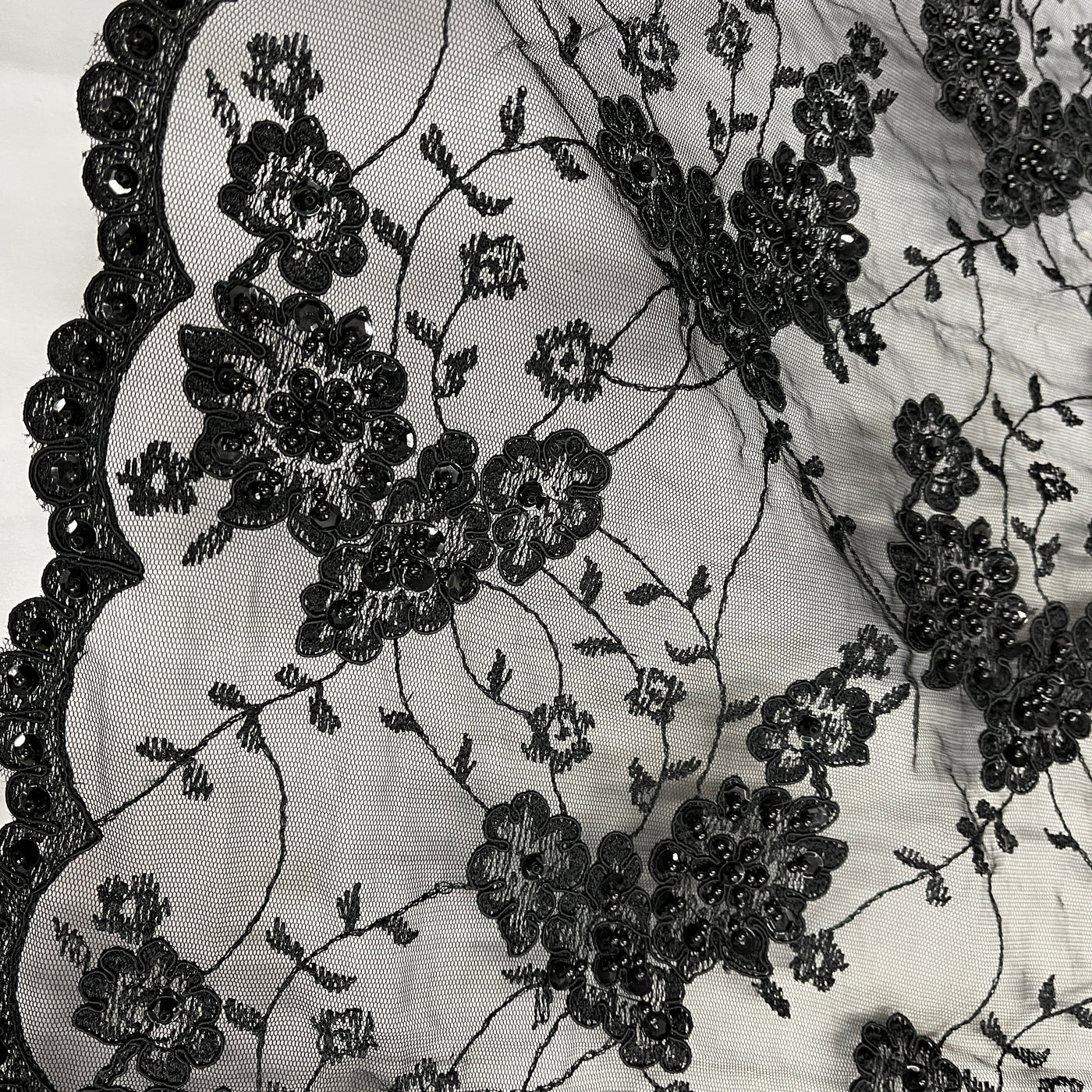 Beaded & Corded Lace Fabric Embroidered on 100% Polyester Net Mesh | Lace USA