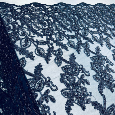 Beaded & Corded Lace Fabric Embroidered on 100% Polyester Net Mesh | Lace USA - GD-1823 Navy