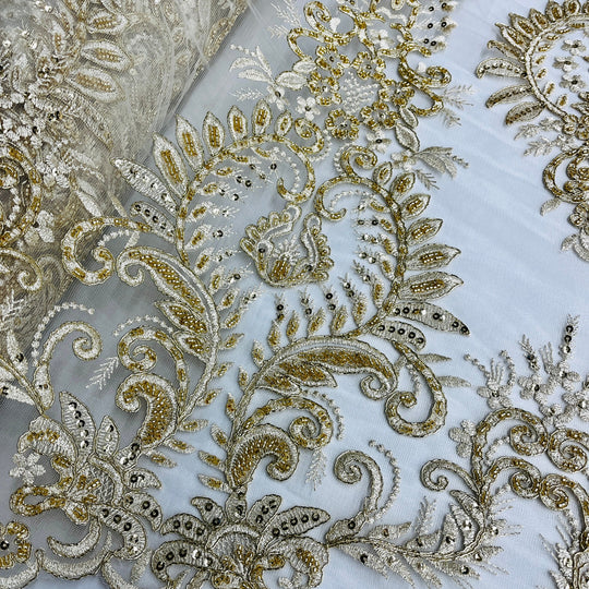 Beaded & Corded Bridal Lace Fabric Embroidered on 100% Polyester Net Mesh | Lace USA - 97160W-HB Gold