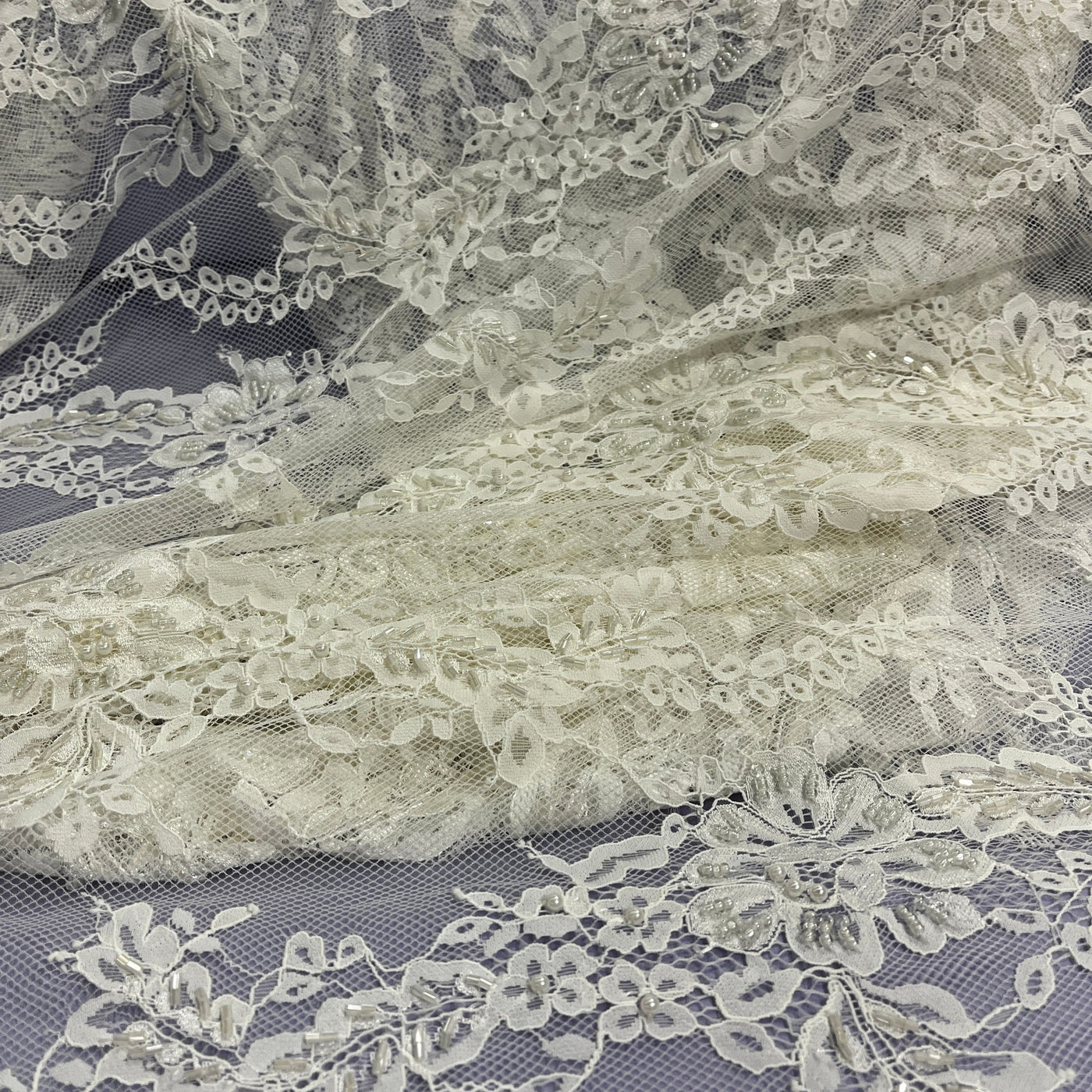 Beaded Chantilly Embroidered Lace Fabric with Eyelash Scallop | Lace USA - GD-316