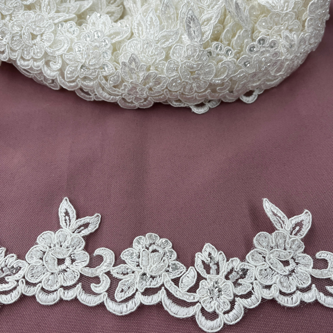 Beaded & Corded Lace Trimming Embroidered on 100% Polyester Net Mesh | Lace USA -95943W-HB
