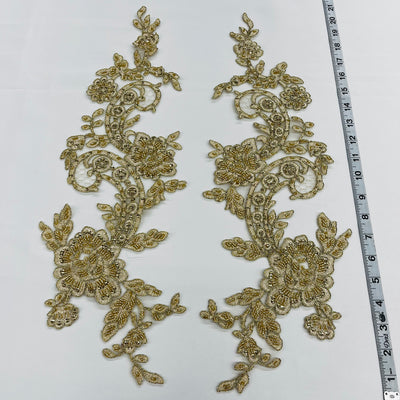 Beaded & Corded Floral Appliqué Lace Embroidered on 100% Polyester Organza or Net Mesh. This can be applied to Theatrical dance ballroom costumes, bridal dresses, bridal headbands endless possibilities. Sold By Pair Lace Usa