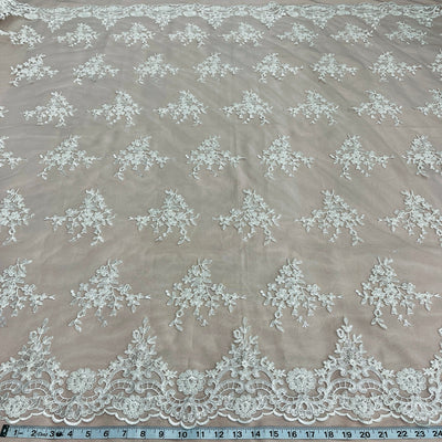 Beaded & Corded Bridal Lace Fabric Embroidered on 100% Polyester Net Mesh | Lace USA - 95247W-HB Ivory