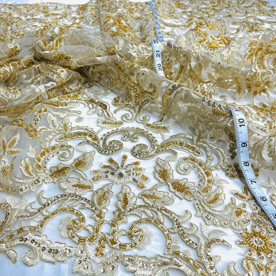 Beaded & Corded Bridal Lace Fabric Embroidered on 100% Polyester Net Mesh | Lace USA - 96997W-HB