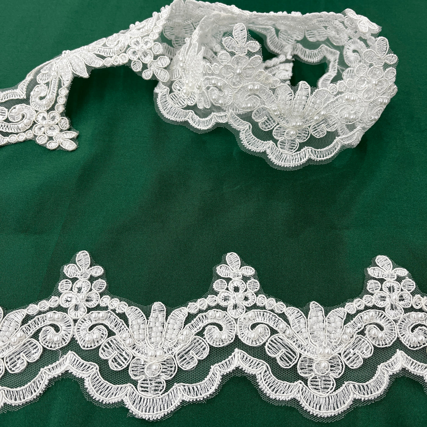 Beaded & Corded Lace Trimming Embroidered on 100% Polyester Net Mesh | Lace USA - KZ-34W-HB/Pearl