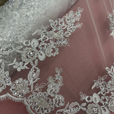 Beaded & Corded Bridal Lace Fabric Embroidered on 100% Polyester Net Mesh | Lace USA - 91443W-BP