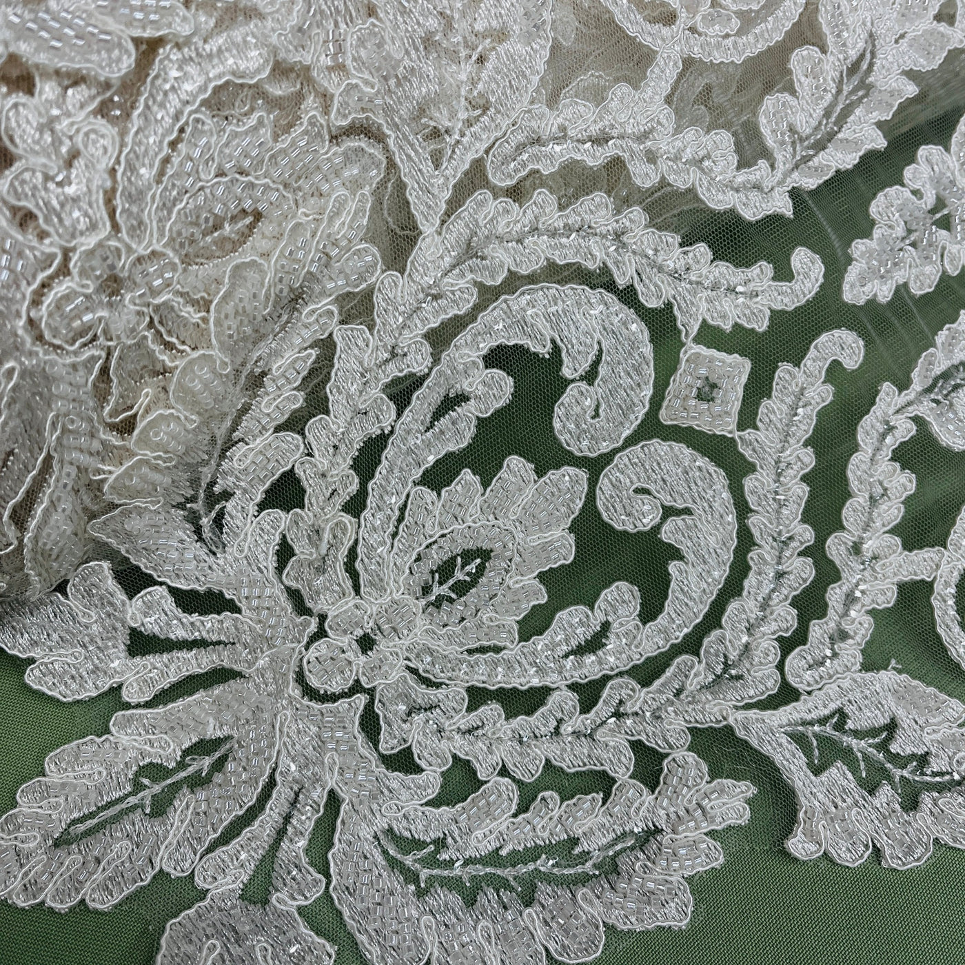 Beaded & Corded Bridal Lace Fabric Embroidered on 100% Polyester Net Mesh | Lace USA