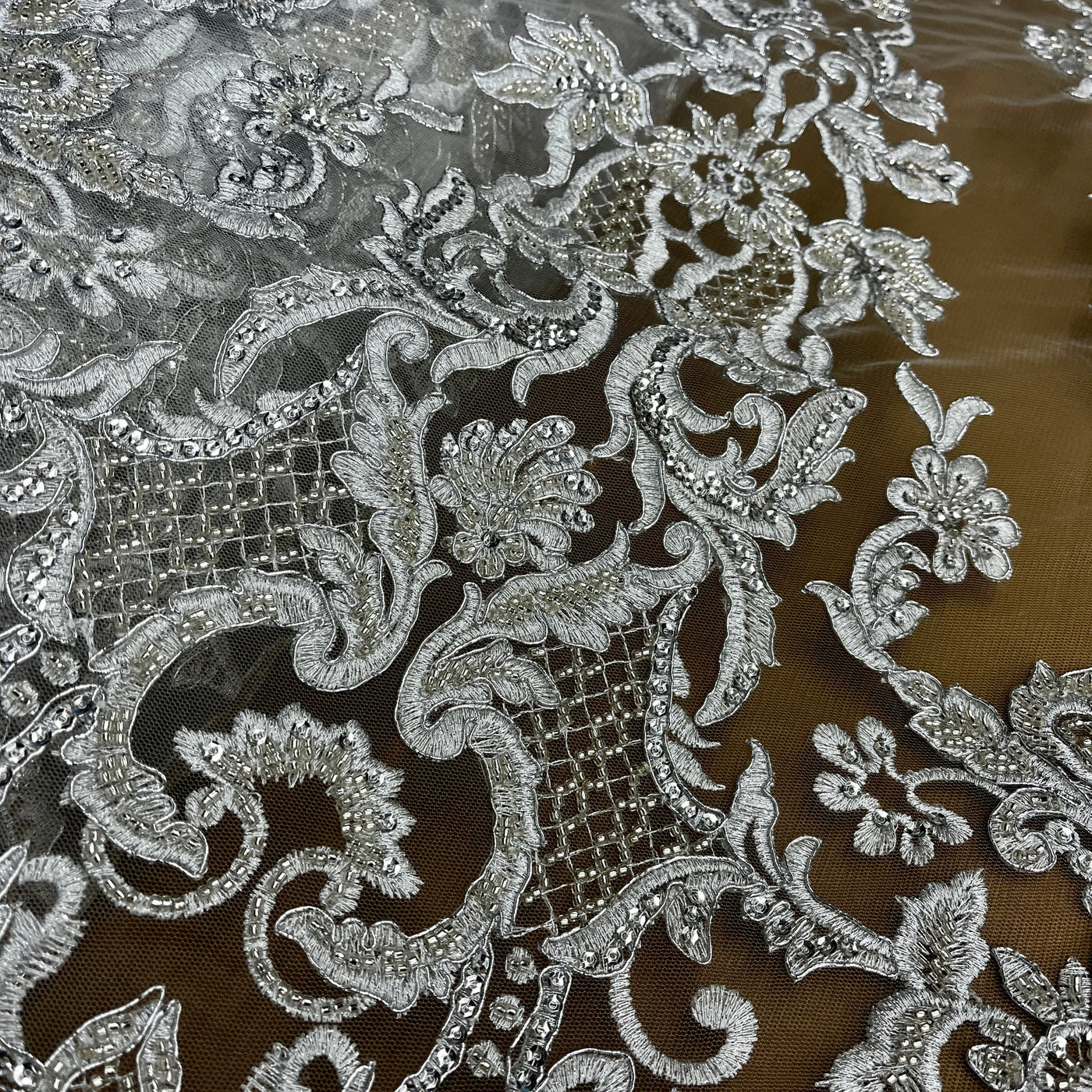 Beaded & Corded Bridal Lace Fabric Embroidered on 100% Polyester Net Mesh | Lace USA - 96997W-HB