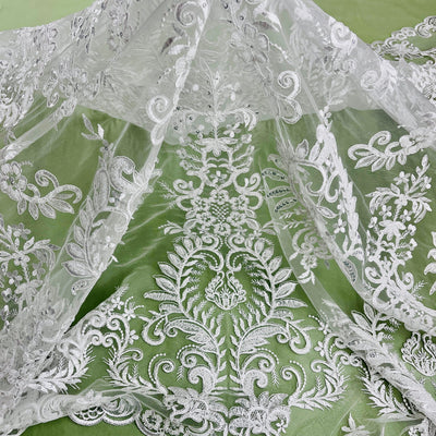 Beaded & Corded Bridal Lace Fabric Embroidered on 100% Polyester Net Mesh | Lace USA - 97160W-HB Ivory