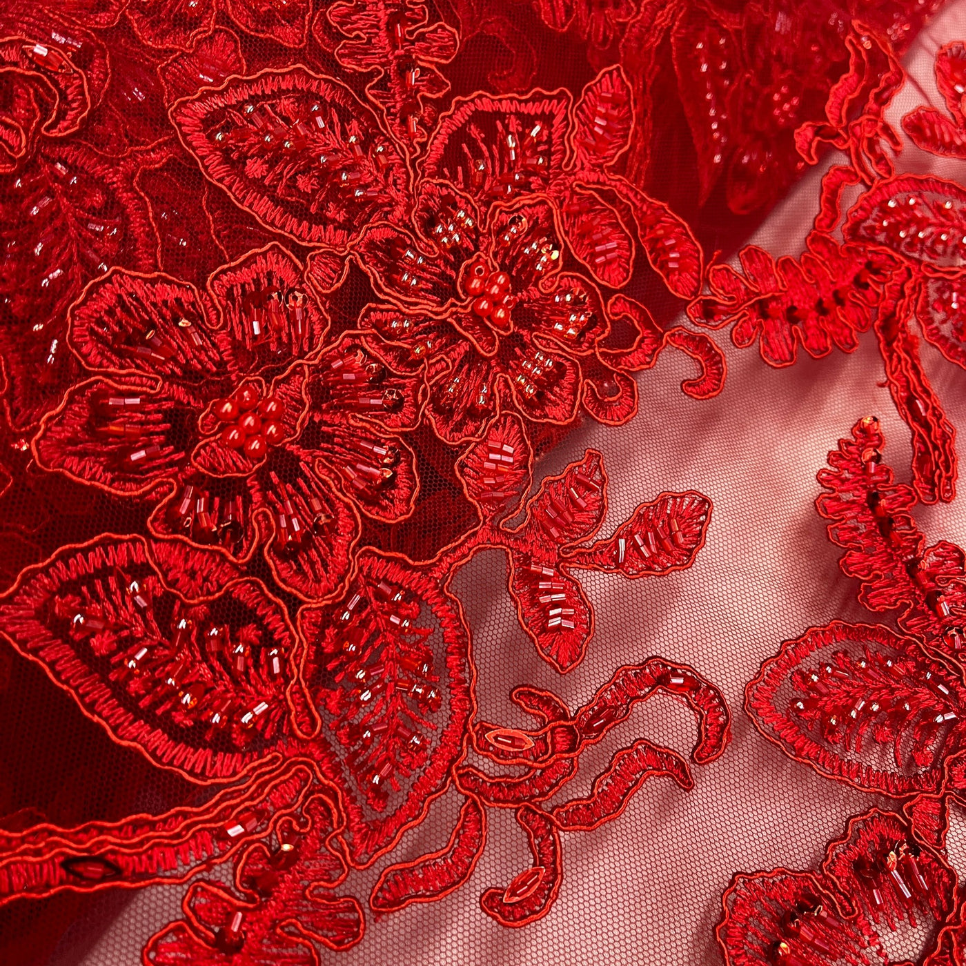 Beaded & Corded Lace Fabric Embroidered on 100% Polyester Net Mesh | Lace USA - GD-1823 Red
