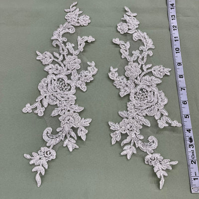 Beaded & Corded Floral Appliqué Lace Embroidered on 100% Polyester Organza or Net Mesh. This can be applied to Theatrical dance ballroom costumes, bridal dresses, bridal headbands endless possibilities. Sold By Pair Lace Usa