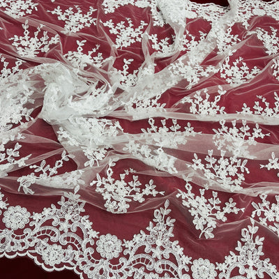 Beaded & Corded Bridal Lace Fabric Embroidered on 100% Polyester Net Mesh | Lace USA - 95247W-HB White