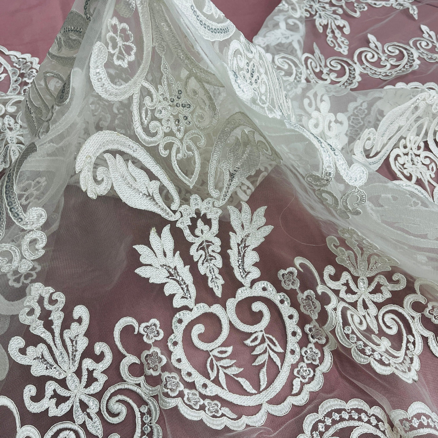 Beaded & Corded Bridal Lace Fabric Embroidered on 100% Polyester Net Mesh | Lace USA - 97068W-SB Ivory