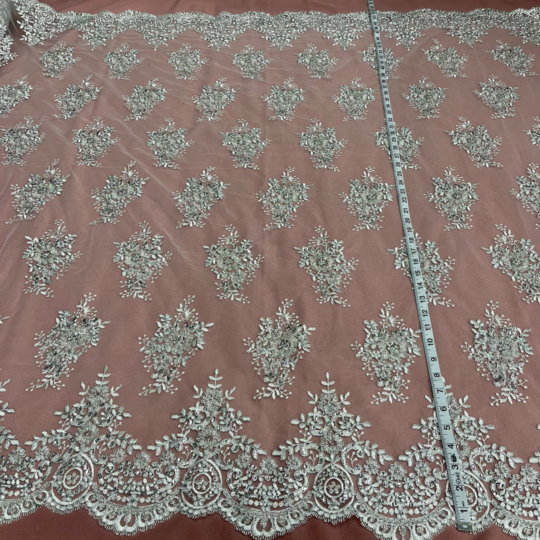 Beaded & Corded Lace Fabric Embroidered on 100% Polyester Net Mesh | Lace USA