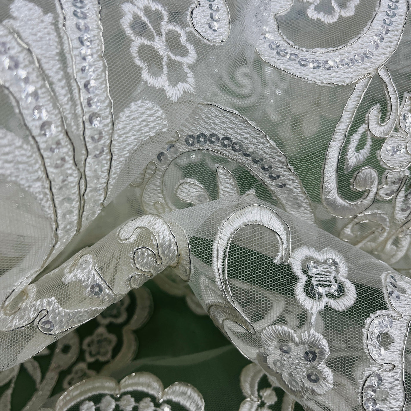 Beaded & Corded Bridal Lace Fabric Embroidered on 100% Polyester Net Mesh | Lace USA - 97068W-SB Ivory with Silver