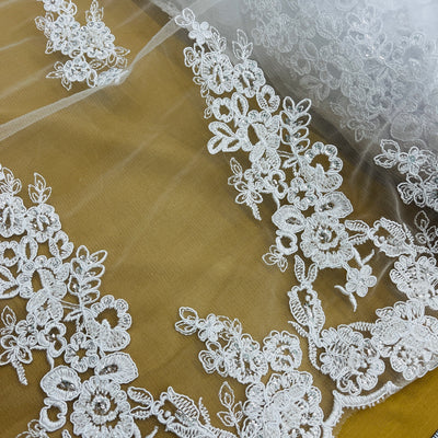 Beaded & Corded Bridal Lace Fabric Embroidered on 100% Polyester Net Mesh | Lace USA - 91443W-BP
