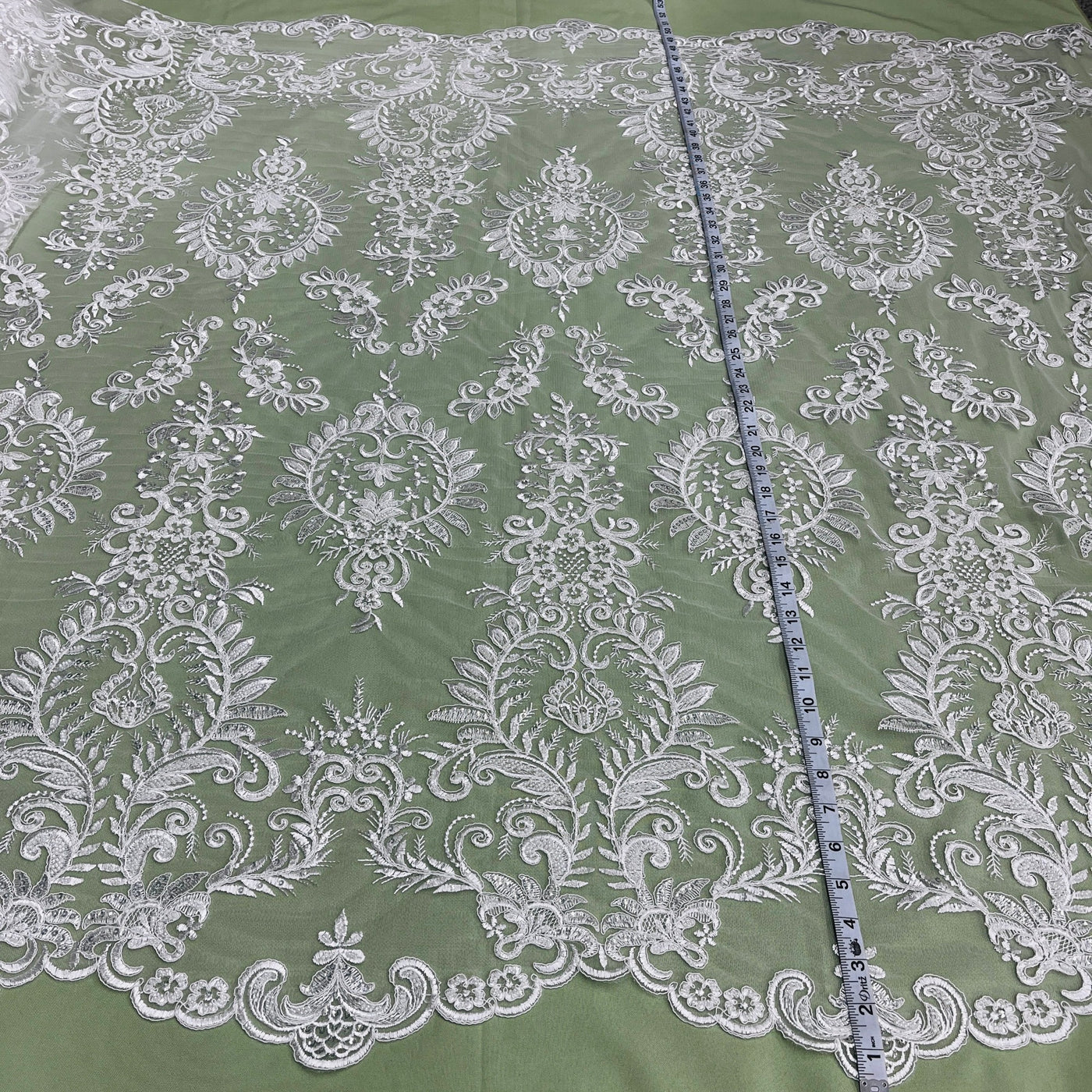 Beaded & Corded Bridal Lace Fabric Embroidered on 100% Polyester Net Mesh | Lace USA - 97160W-HB Ivory