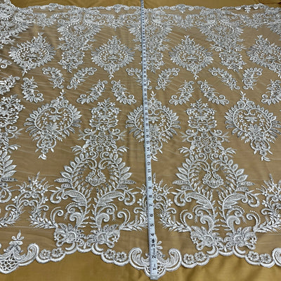 Beaded & Corded Bridal Lace Fabric Embroidered on 100% Polyester Net Mesh | Lace USA - 97160W-HB Silver