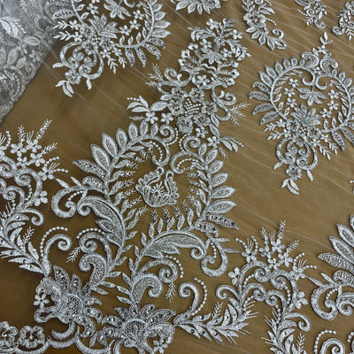 Beaded & Corded Bridal Lace Fabric Embroidered on 100% Polyester Net Mesh | Lace USA - 97160W-HB Silver