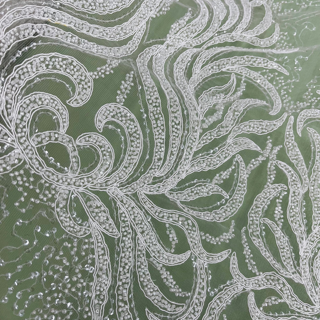 Beaded & Corded Bridal Lace Fabric Embroidered on 100% Polyester Net Mesh | Lace USA
