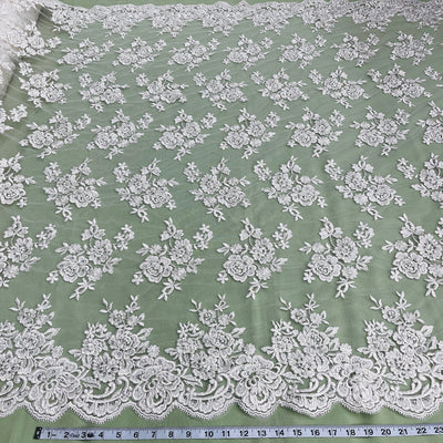 Beaded & Corded Bridal Lace Fabric Embroidered on 100% Polyester Net Mesh | Lace USA