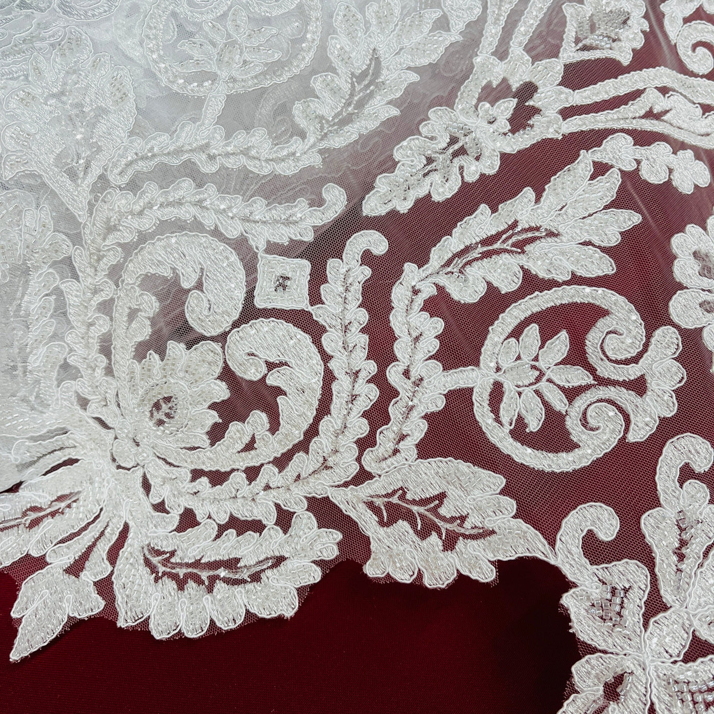 Beaded & Corded Bridal Lace Fabric Embroidered on 100% Polyester Net Mesh | Lace USA