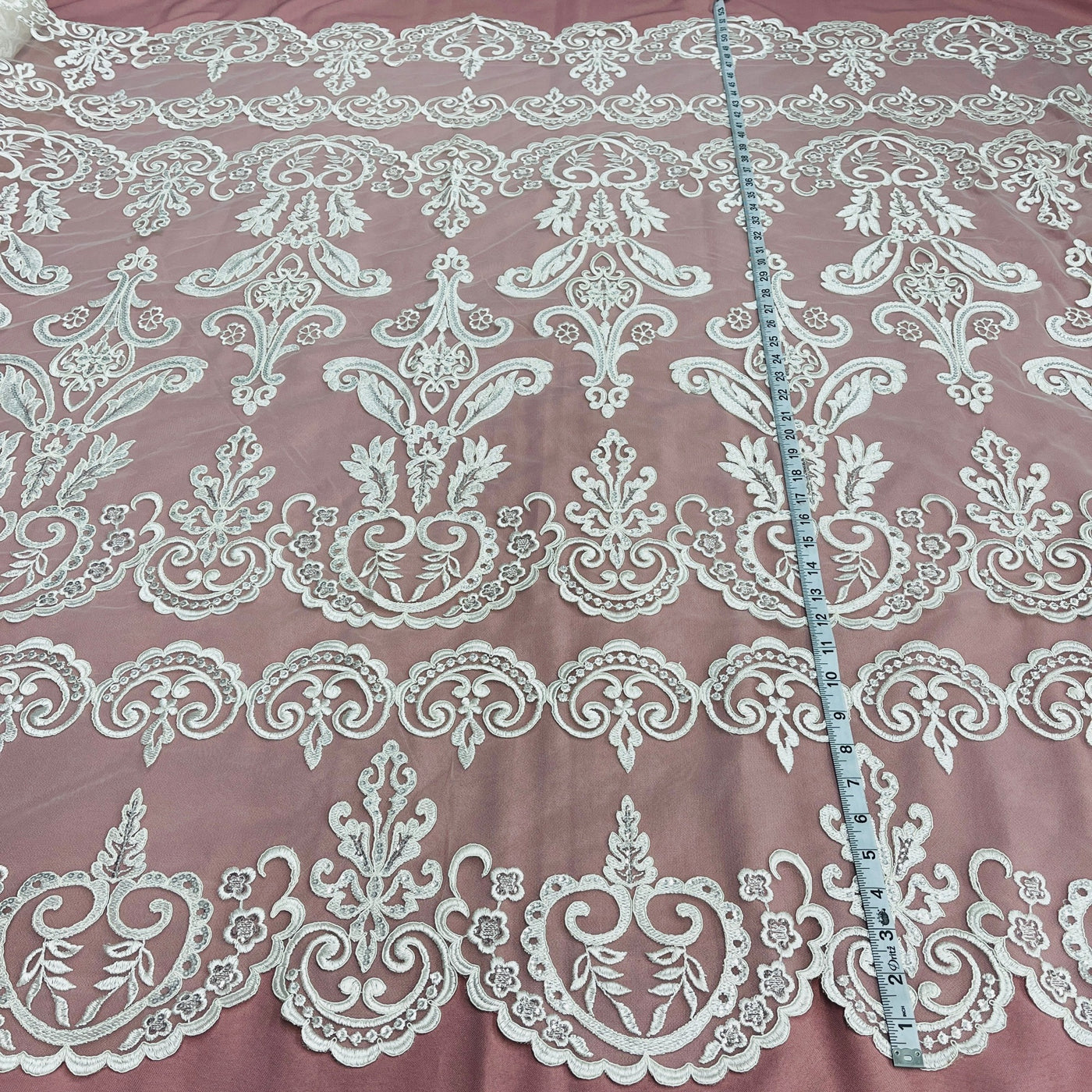Beaded & Corded Bridal Lace Fabric Embroidered on 100% Polyester Net Mesh | Lace USA - 97068W-SB Ivory