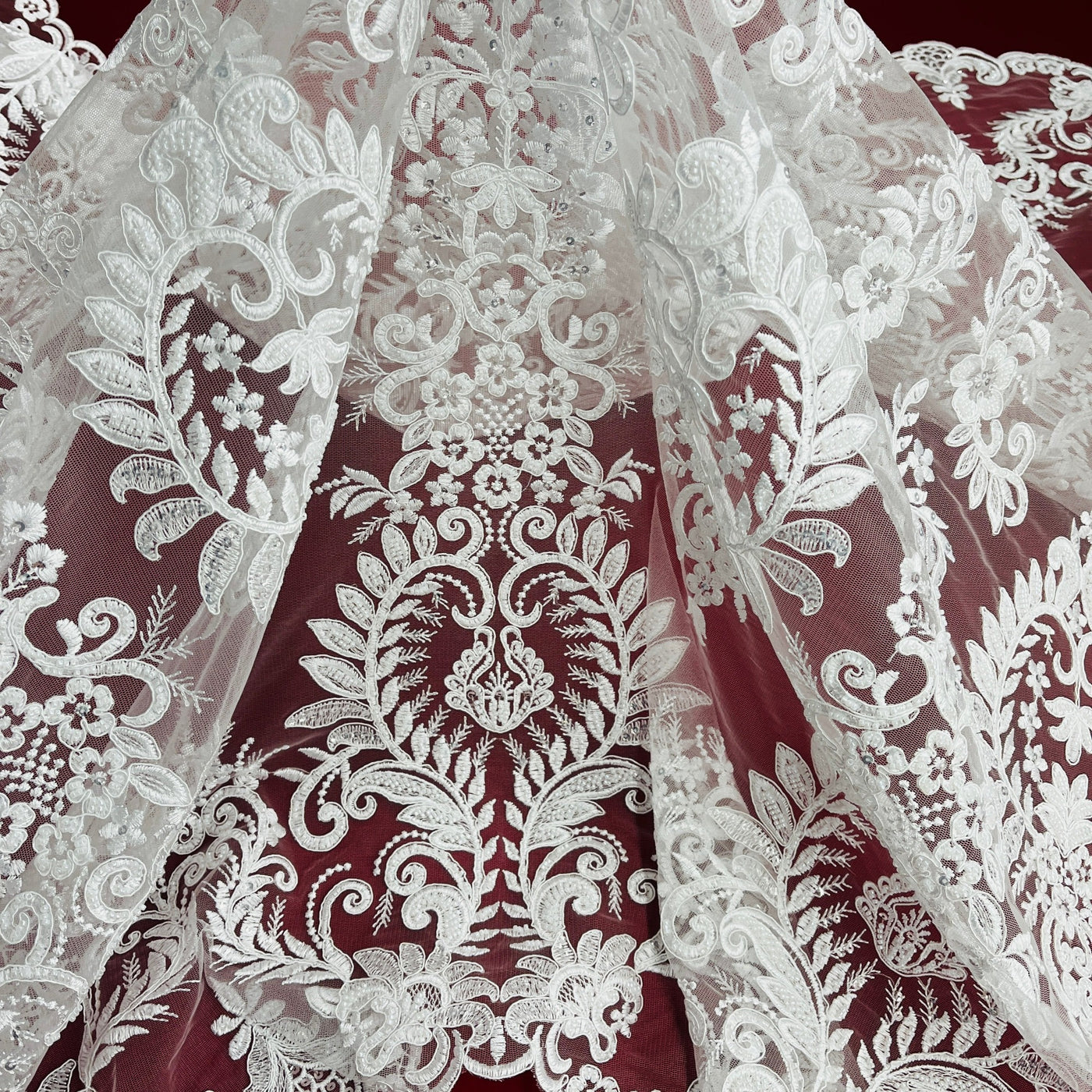 Beaded & Corded Bridal Lace Fabric Embroidered on 100% Polyester Net Mesh | Lace USA - 97160W-HB White