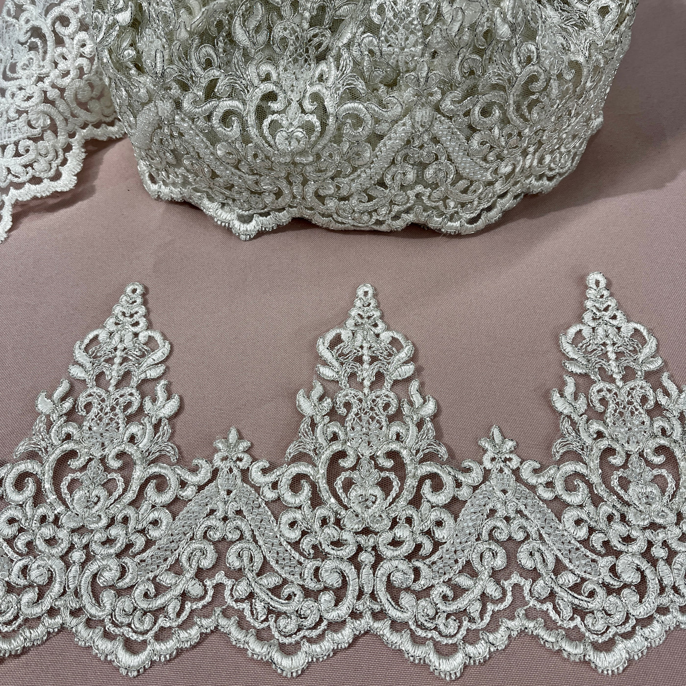 Beaded & Corded Lace Trimming Embroidered on 100% Polyester Organza | Lace USA - 97014W-HB