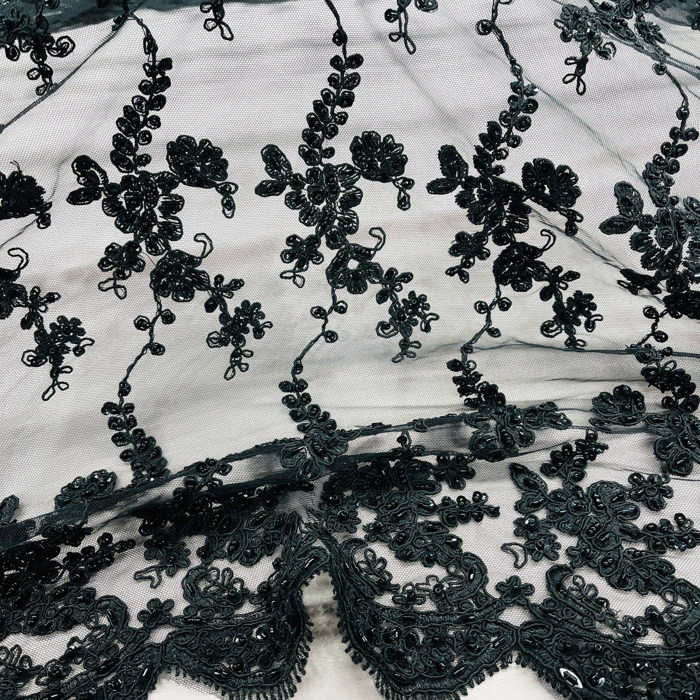 Beaded & Corded Lace Fabric Embroidered on 100% Polyester Net Mesh | Lace USA - GD-1819 Black