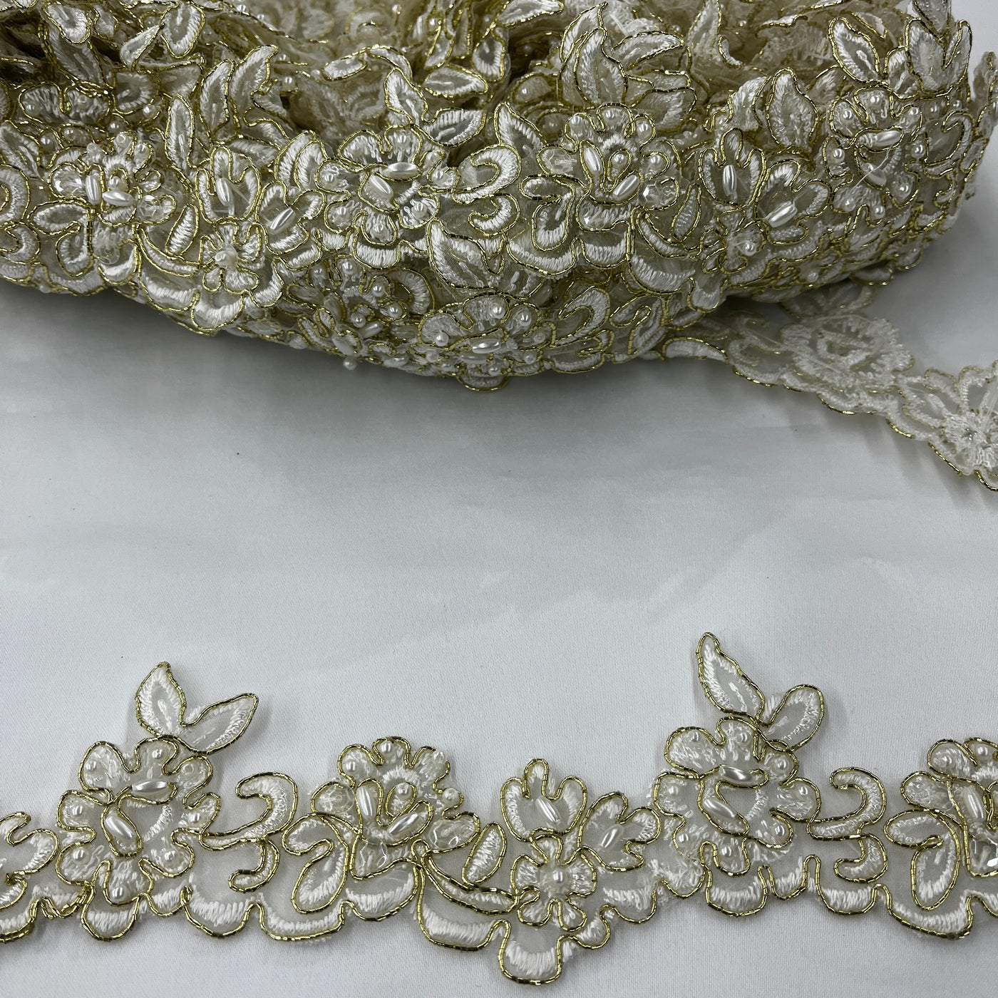 Beaded & Corded Lace Trimming Embroidered on 100% Polyester Organza | Lace USA - 95943N-BP